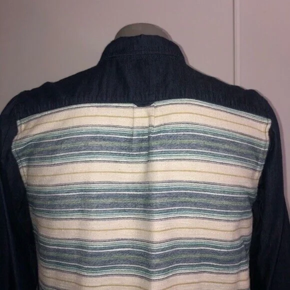 NEW Mens $200 NSF Denim Chambray Shirt w/ Mexican Blanket Back Raw Hem Shirts